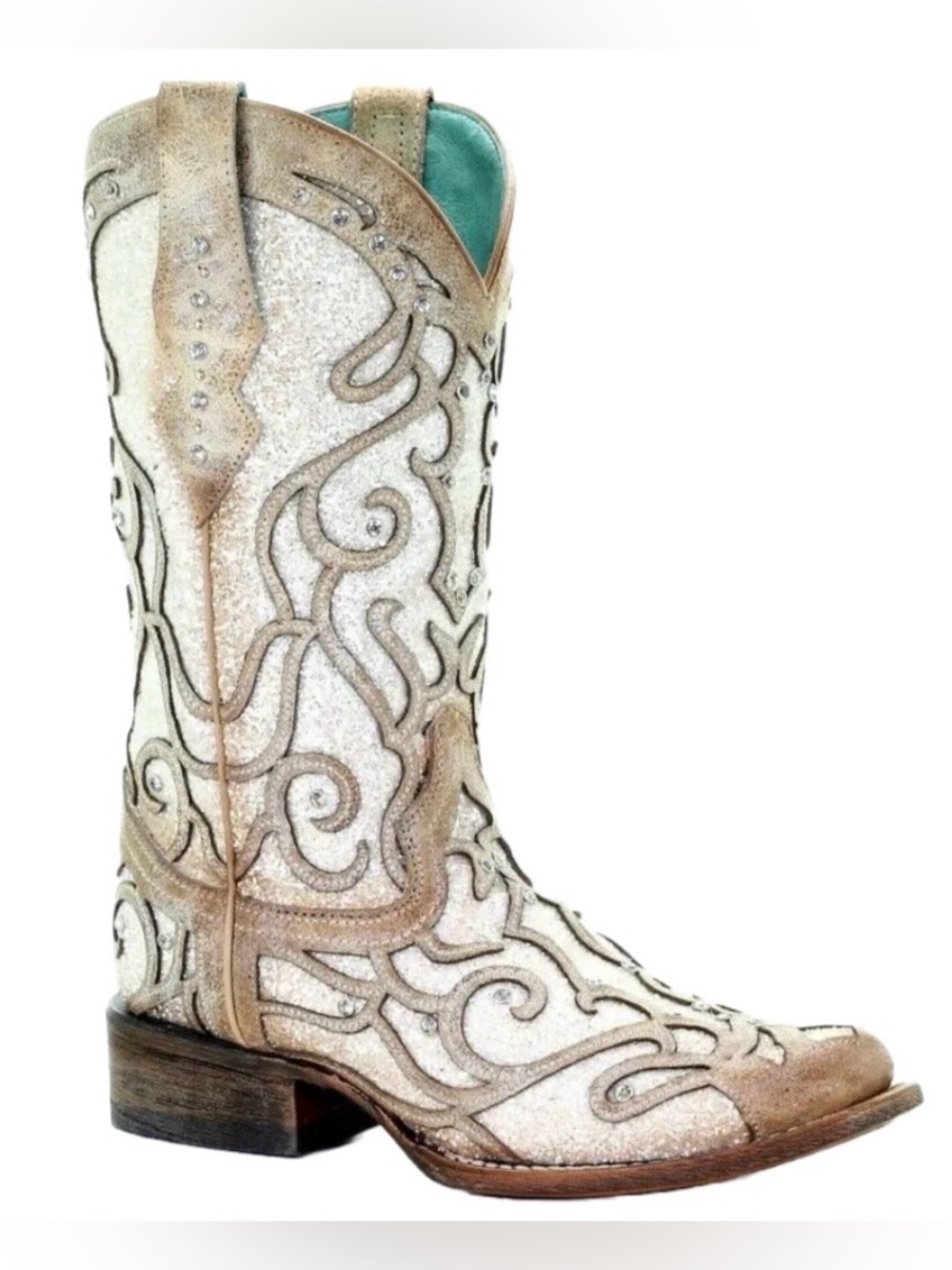 RARE Corral Women's White Glitter Inlay Western cowgirl Boots - Square Toe C3482